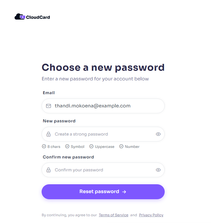 The Choose a new password page with the password hints