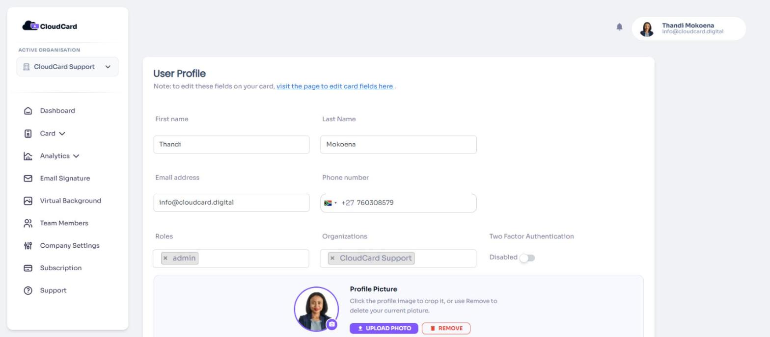 The Two Factor Authentication switch on the Edit profile page