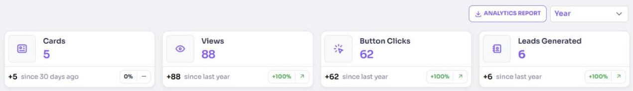 The Analytics Report button, period selector and the Cards, Views, Button Clicks and Leads Generated counters on My Company's Views