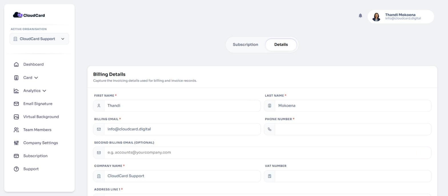 The Billing Details form on the Details tab