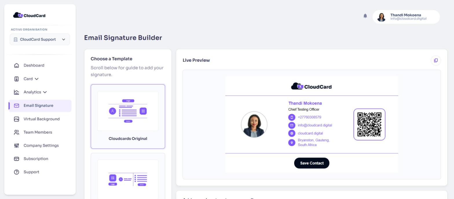 The Email Signature Builder showing the template list and live preview