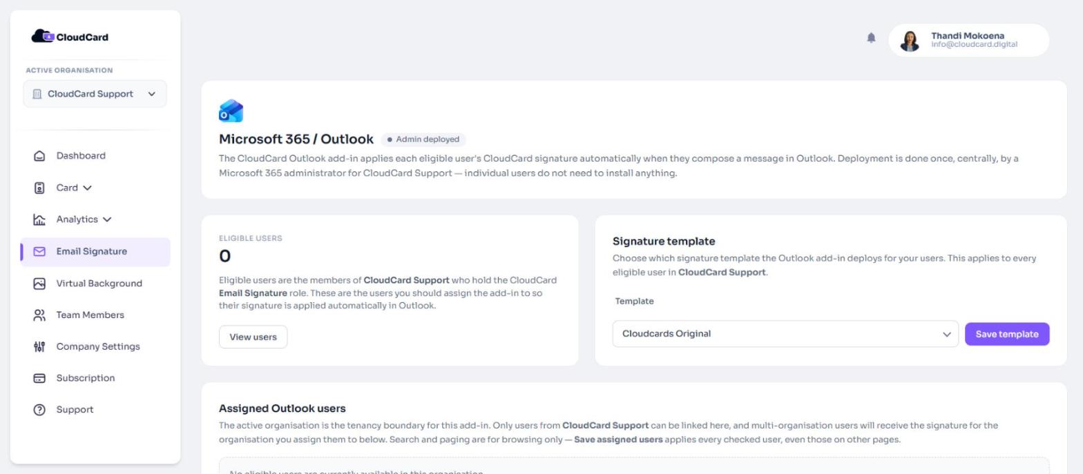 The Microsoft 365 / Outlook page in CloudCard