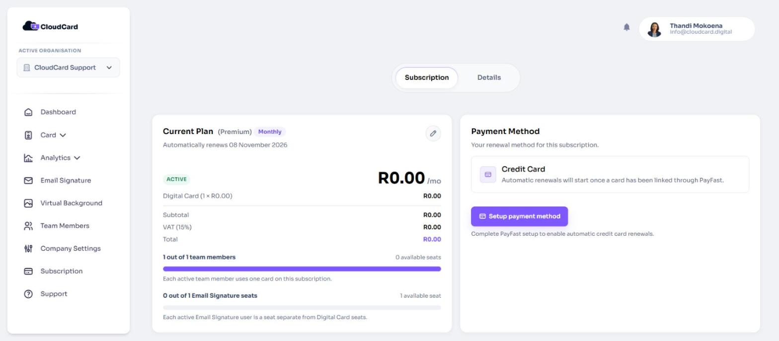 Email Signature seat usage on the Subscription page