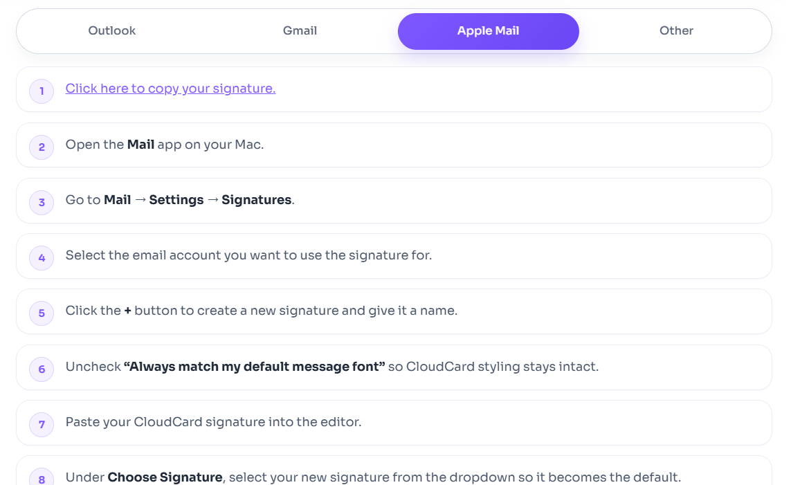 The Apple Mail tab with the Copy Signature button