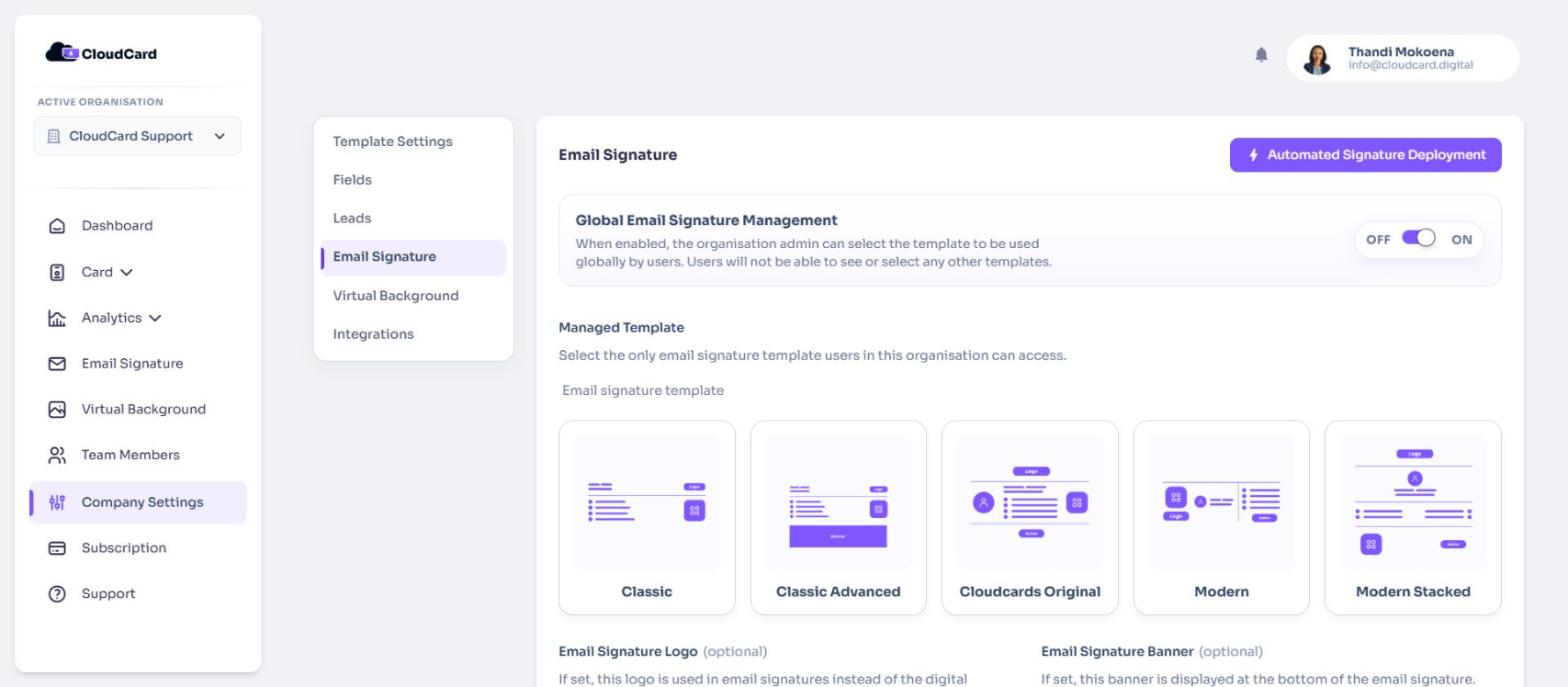 Global Email Signature Management switched on with the Managed Template options
