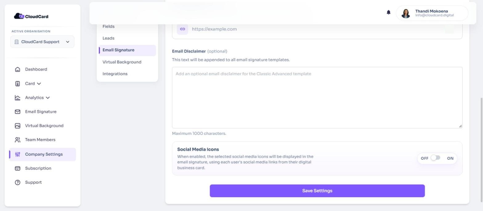 The Email Banner Link field and Email Disclaimer box