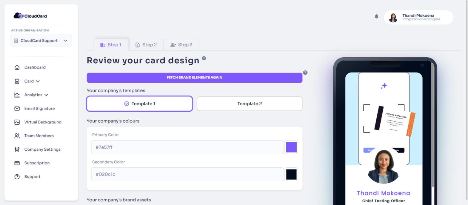 The company design page with templates, colours, brand assets and a live card preview