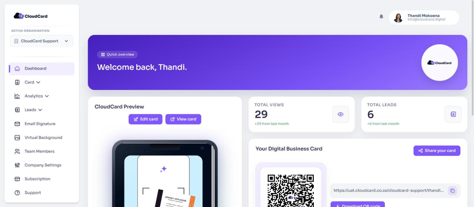 The card preview on the dashboard