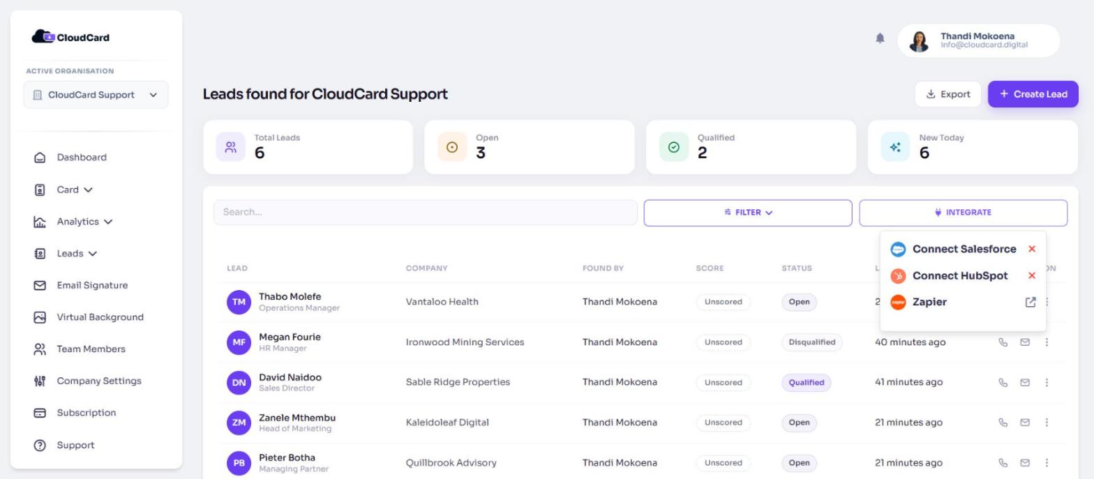The Integrate menu on the leads page