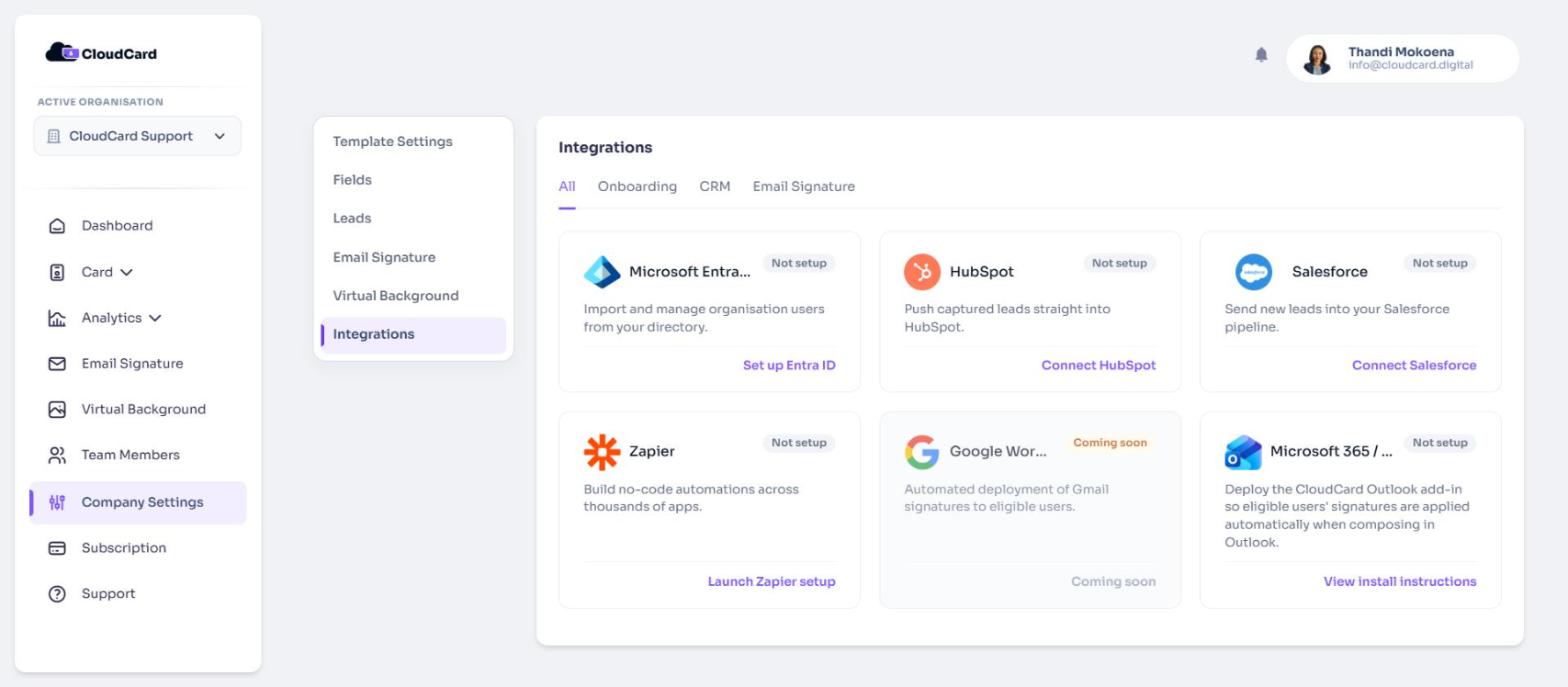 The Microsoft Entra ID card on the Integrations tab