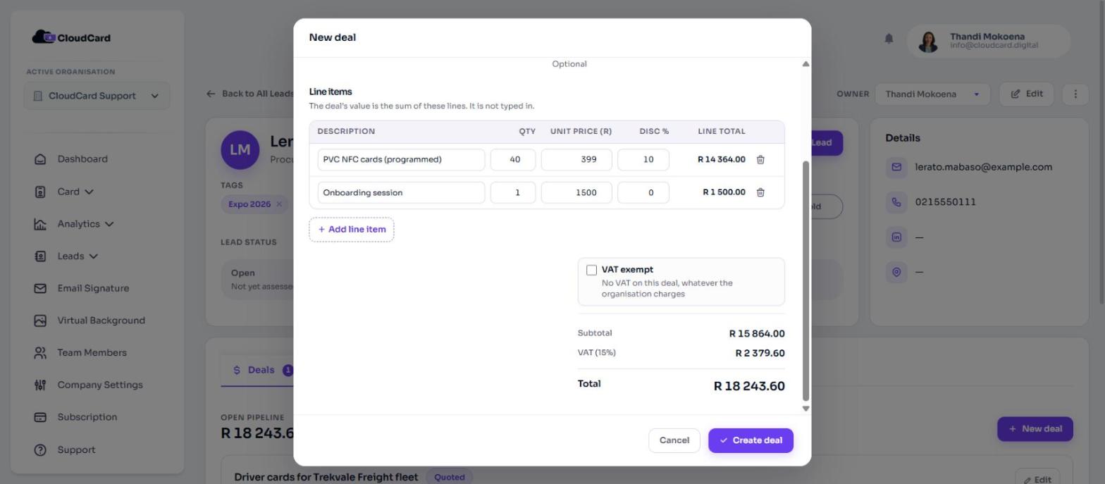 Line items and totals in the deal window