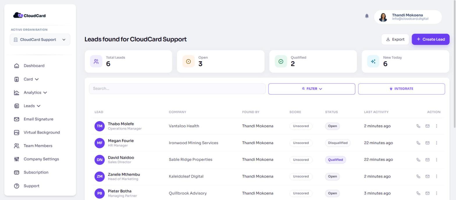 The Export button on the leads page