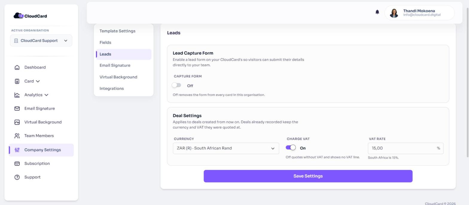 The Leads tab in Company Settings, with the Capture form switch and Deal Settings