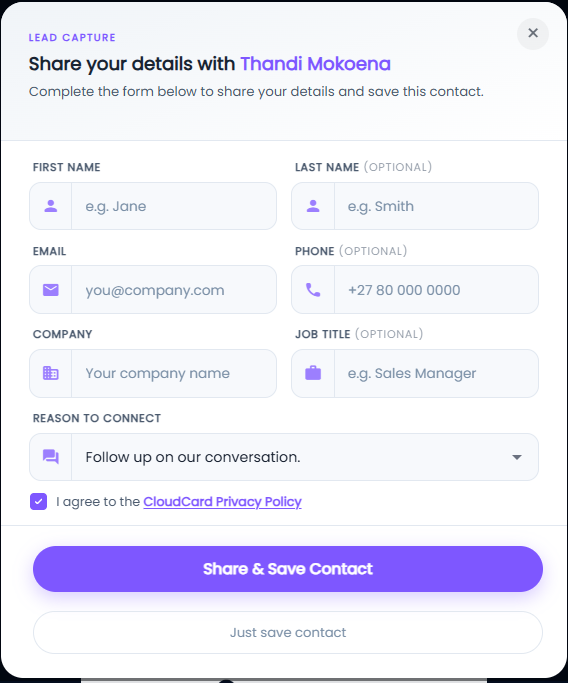 The lead capture form on a card