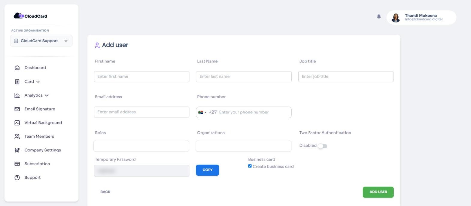 The Add user form, with the Temporary Password, Business card option and Add user button