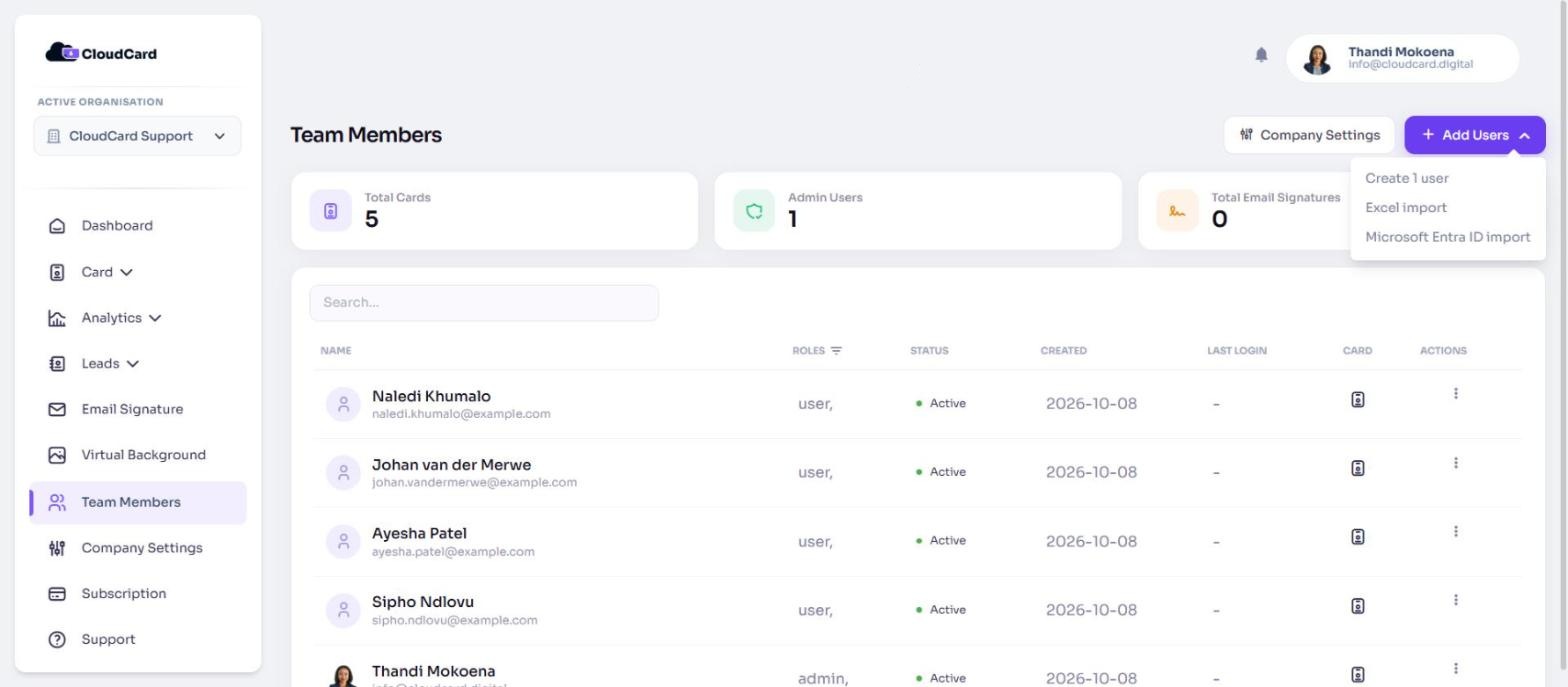 The Add Users menu on the Team Members page