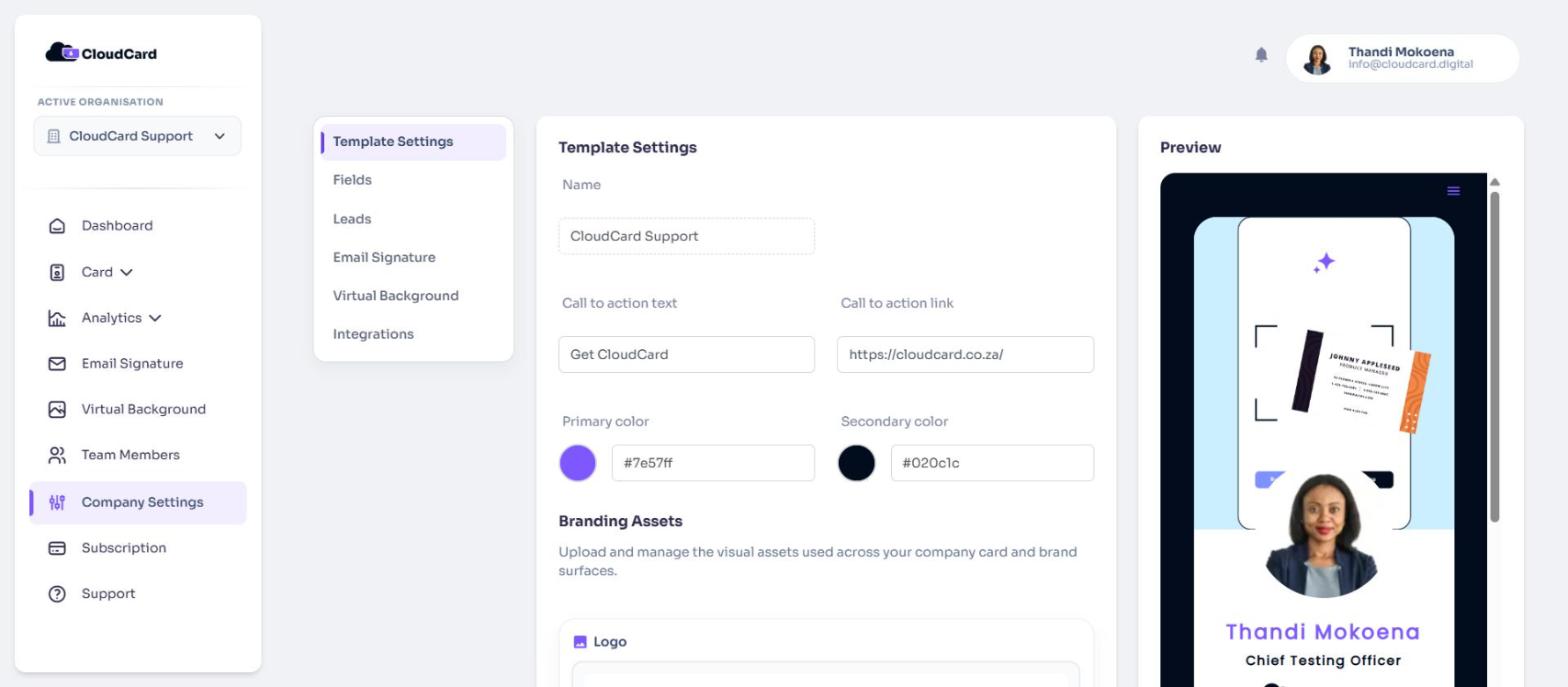 Template Settings with the live preview