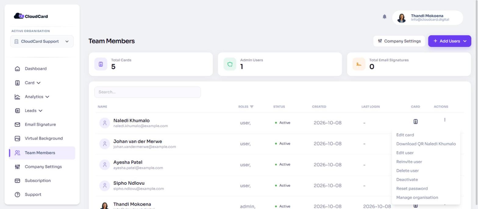 The Actions menu open on a user's row
