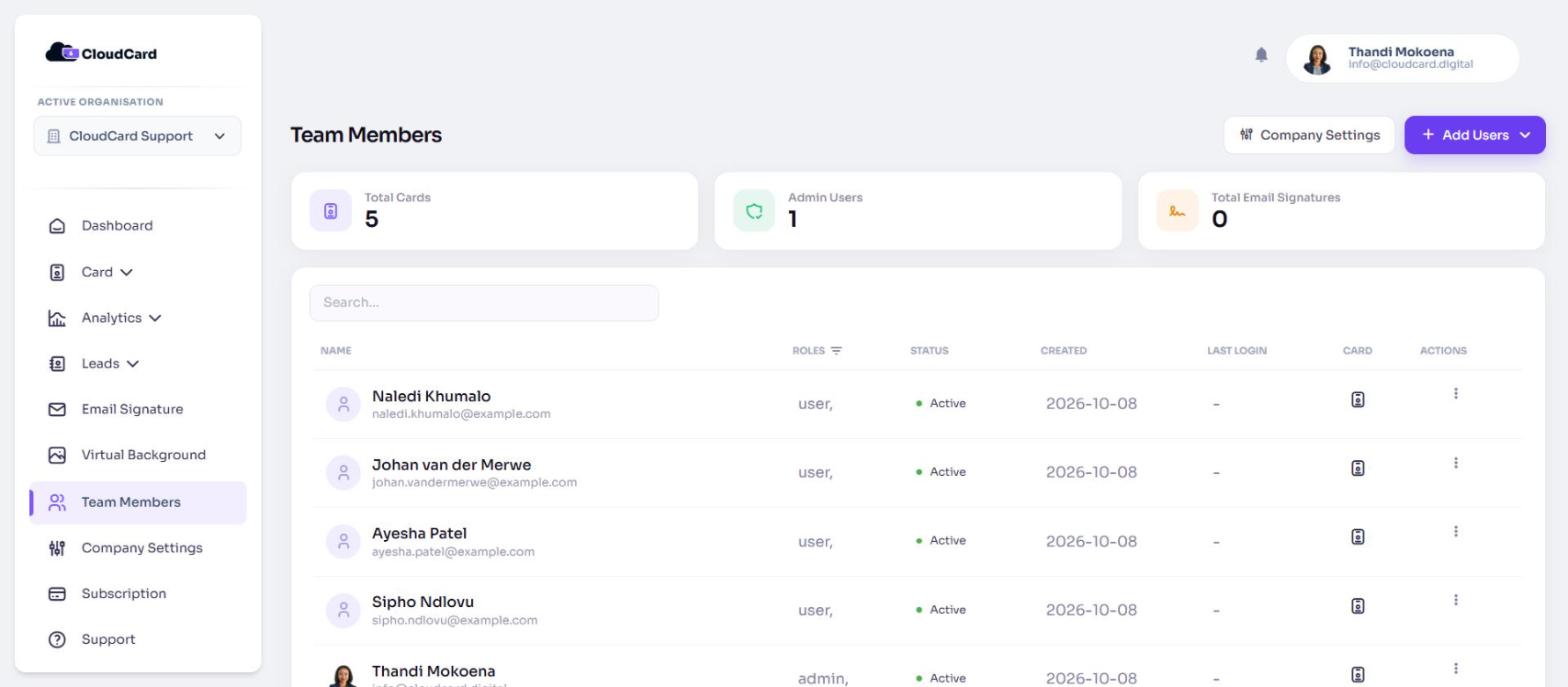 The Team Members page with stat cards above the users table