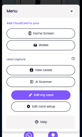 The card menu with the Home Screen option