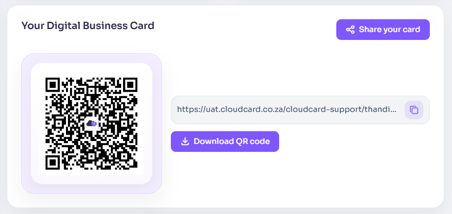 The Your Digital Business Card panel on the dashboard