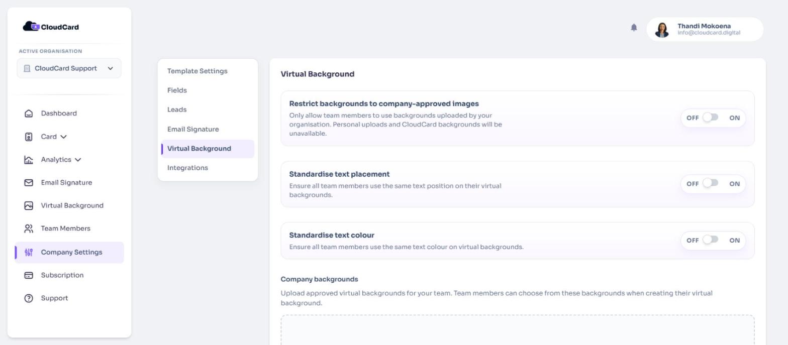 The Virtual Background section in Company Settings