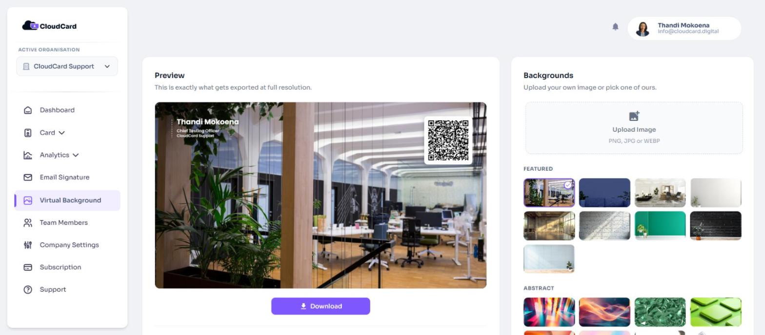 The Virtual Backgrounds page with the preview, controls and background gallery