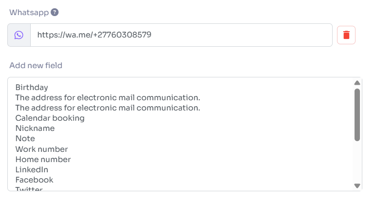 The Add new field list on the Edit Card Details page