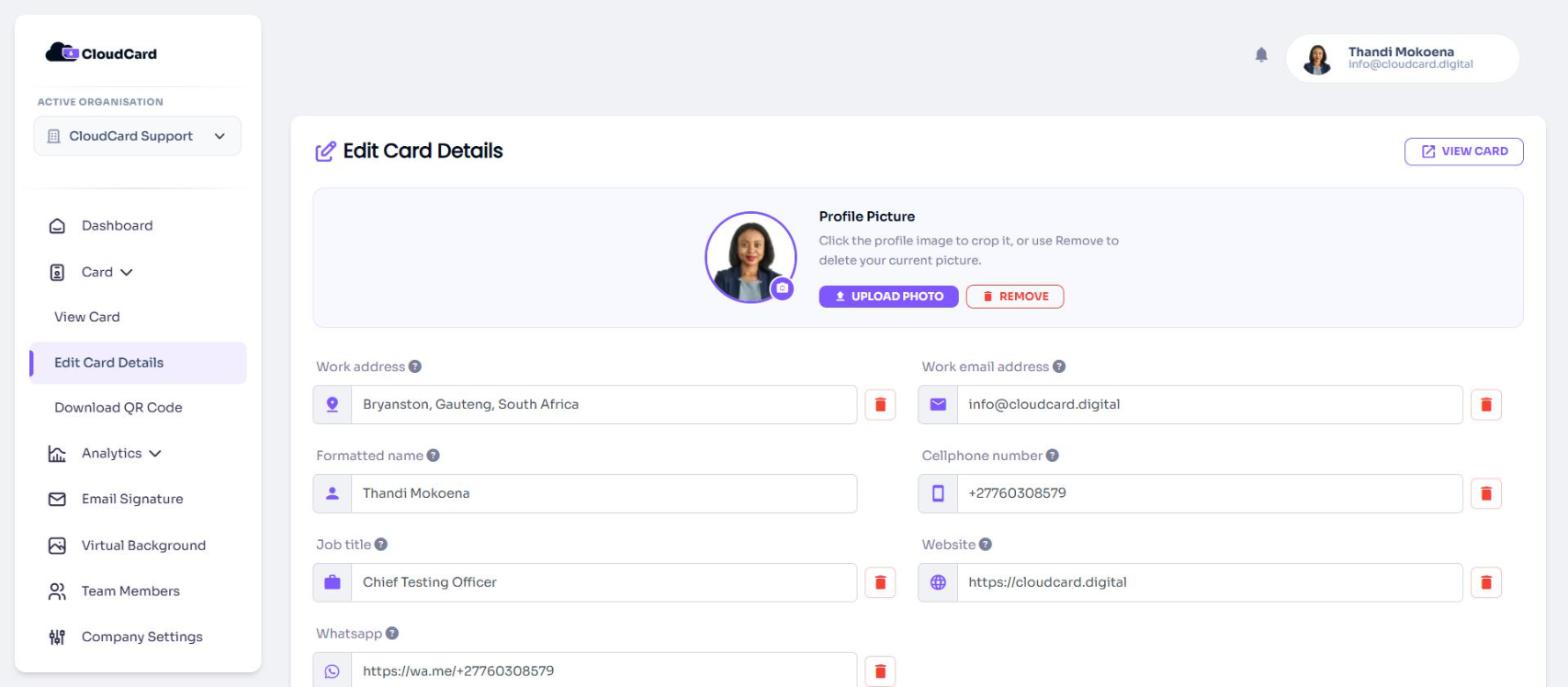 The Edit Card Details page with card fields and the Add new field list